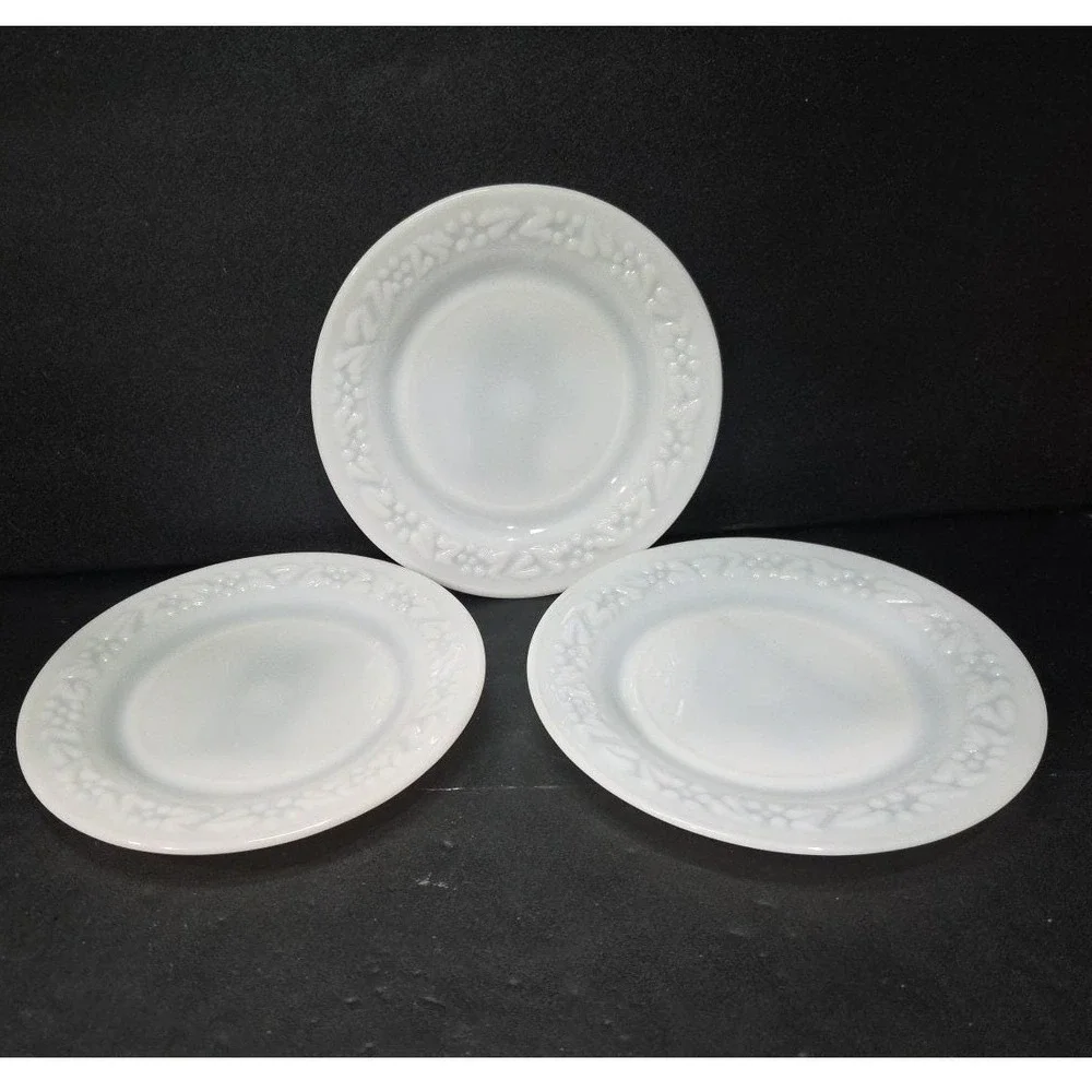 Hazel Atlas Milk Glass Salad‎ Plates, Set of 3, Vintage Floral Embossed Dishes